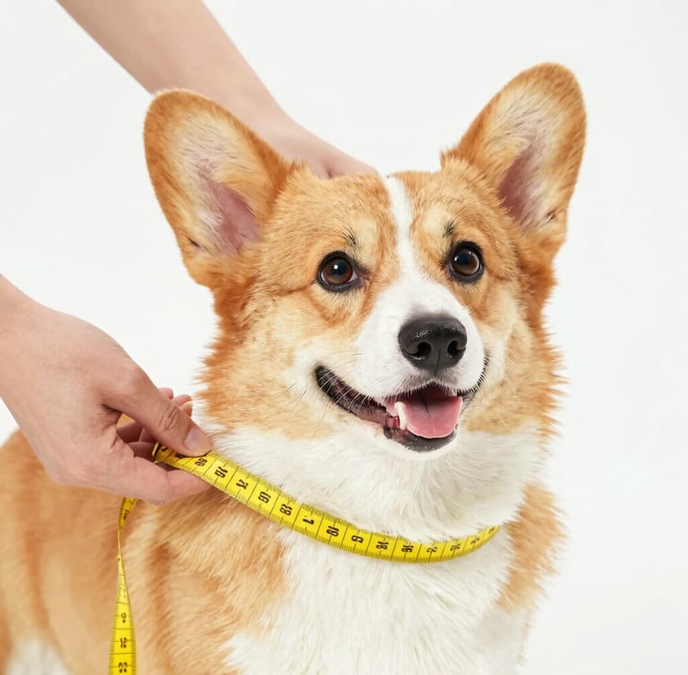 Close up of hands gently measuring a happy Pembroke Welsh Corgi with a soft yellow measuring tape, bright high-key pet photography, soft natural daylight, vibrant colors