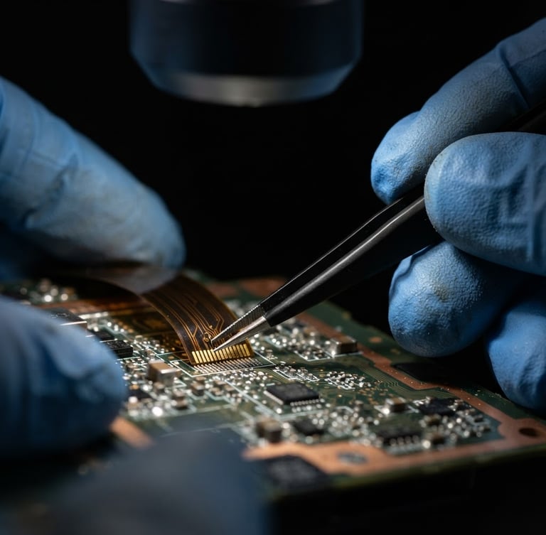Extreme macro close-up of a technician hands using micro-tweezers to align a flexible copper ribbon cable under a bright clinical microscope, sharp metallic textures, dark background