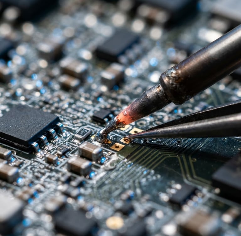 Macro shot of a high-tech micro-soldering iron tip touching a circuit board, bright clinical white light, electric blue reflections on metallic components, shallow depth of field
