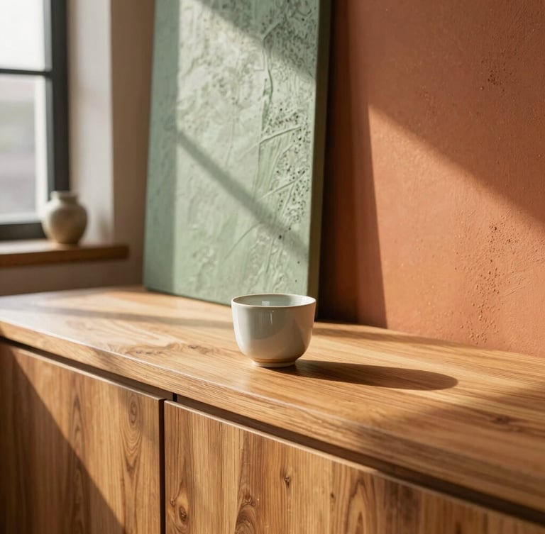 Warm sunlit showroom with elegant terracotta and sage green textured panels, a ceramic cup resting on a durable wood-grain counter, golden hour light.