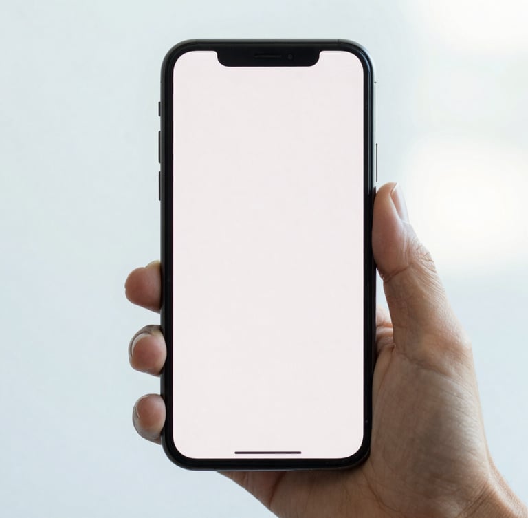 Close-up of a hand holding a smartphone, showing a simple tutorial on the screen, bright minimalist photography, soft natural daylight, clean white and blue tones, 35mm, Brazilian context