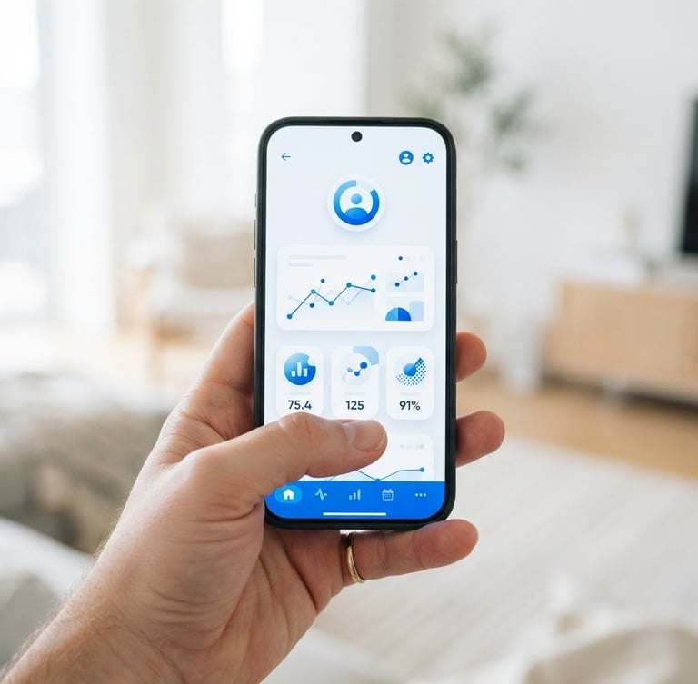 Close-up of a hand comfortably holding a modern smartphone, screen displaying a clean, simple app interface, bright natural daylight, soft shadows, clean white and blue tones, 35mm, shot from eye-level.