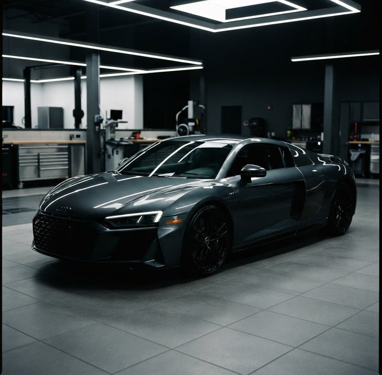Dramatic automotive photography of a clean, modern workshop bay with sharp overhead LED lights, focusing on a luxury vehicle, 35mm lens