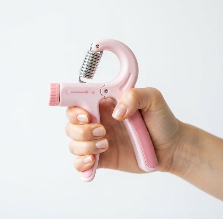 A close-up of a hand holding a stylish pastel-colored grip trainer on a clean white background, soft natural morning light, bright high-key product photography, 50mm lens