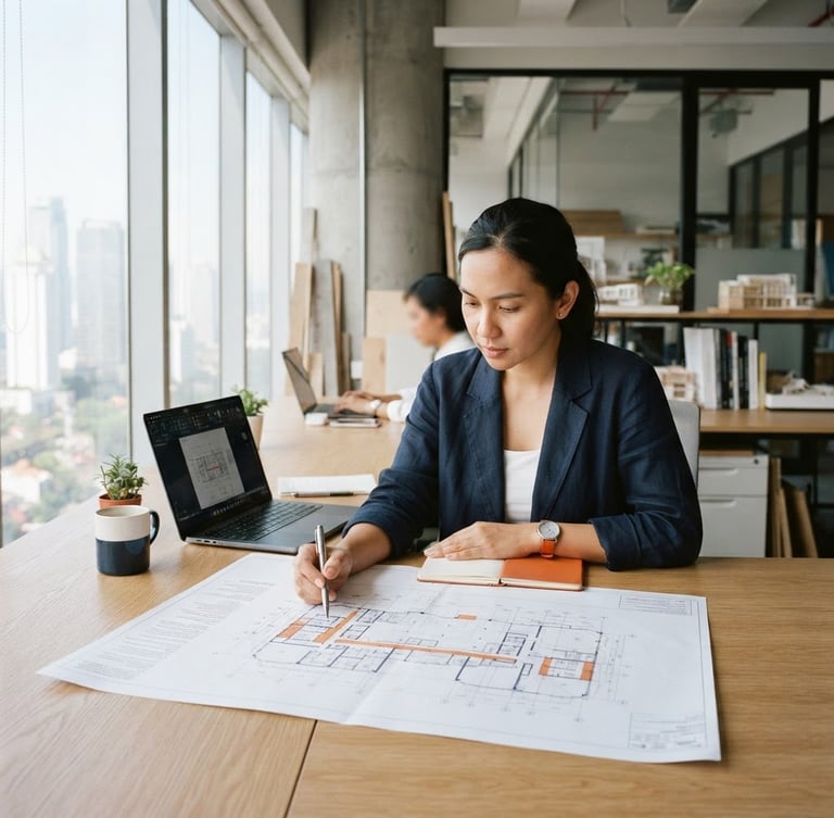 A modern minimalist architectural office in Jakarta, a professional architect reviewing blueprints on a desk, soft natural morning light, navy and orange color accents, 35mm photography