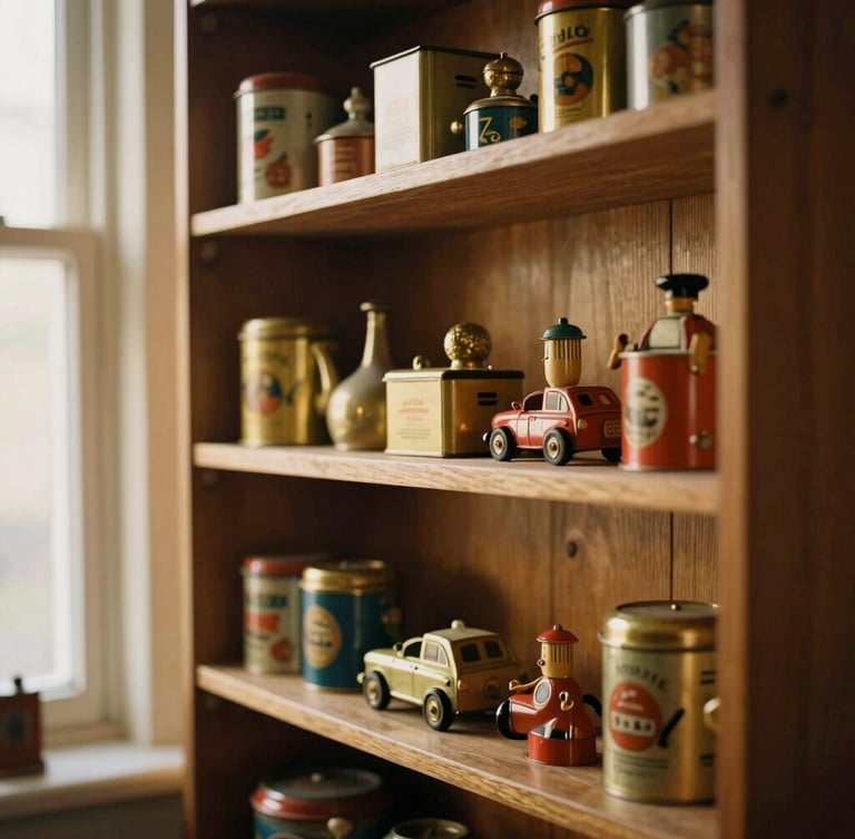 Warm heritage photography of handcrafted oak shelving filled with vintage tin toys, soft golden-hour window light, rich amber tones, shallow depth of field, 35mm film