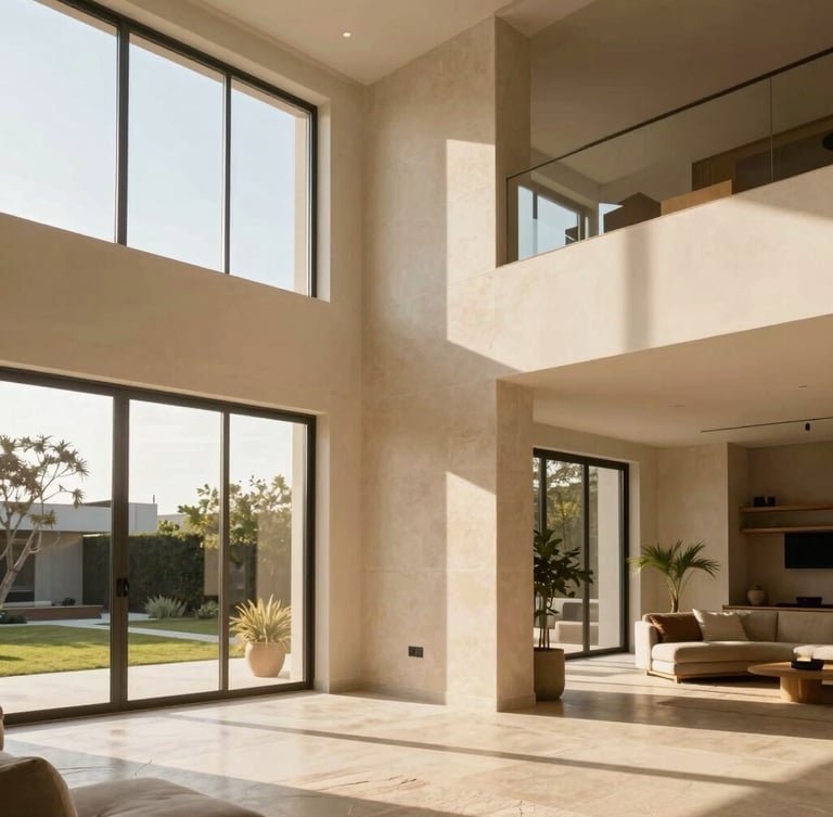 Warm editorial photograph of a bright, sun-drenched modern Peruvian residential interior with clean architectural lines, high ceilings, large windows letting in soft golden hour daylight, elegant stone finishes.