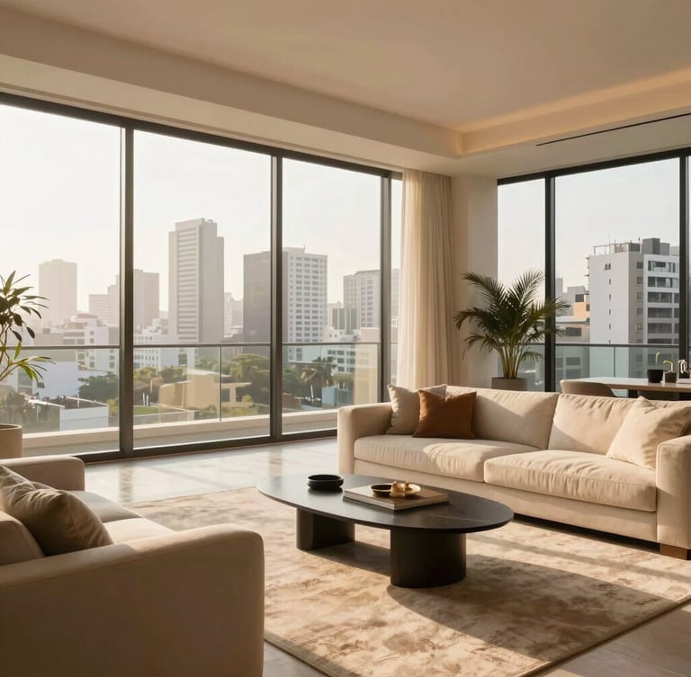 Bright sun-filled modern penthouse living room in San Isidro, Lima, large floor-to-ceiling windows showing city skyline, elegant minimal furniture, warm golden hour light, 35mm lens