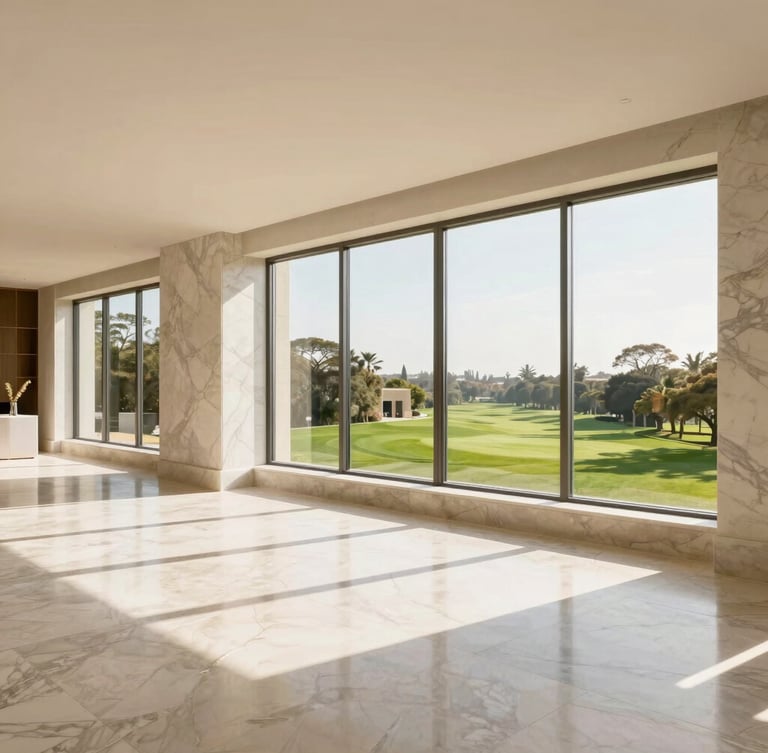 Bright architectural interior of a luxury penthouse in San Isidro, wide-angle view showing high-end marble finishes, floor-to-ceiling windows overlooking a green golf course, warm natural daylight, 35mm lens