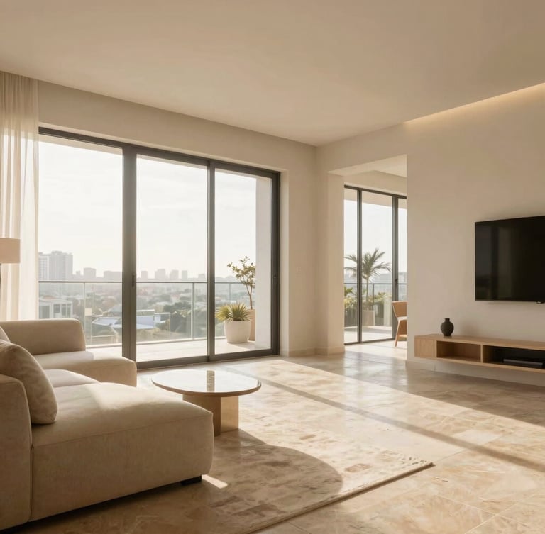 Bright architectural interior of a luxury apartment in San Isidro, warm stone floors, large windows with soft daylight, minimal high-end furniture.