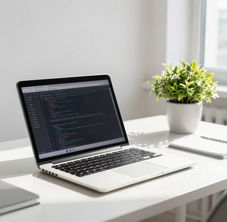 Bright natural daylight, professional remote workspace with clean desk, laptop showing code, and green plant, high-end editorial corporate photography