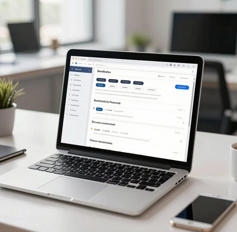 A professional remote workspace with a sleek laptop displaying a clean dashboard, bright natural daylight, crisp focus.