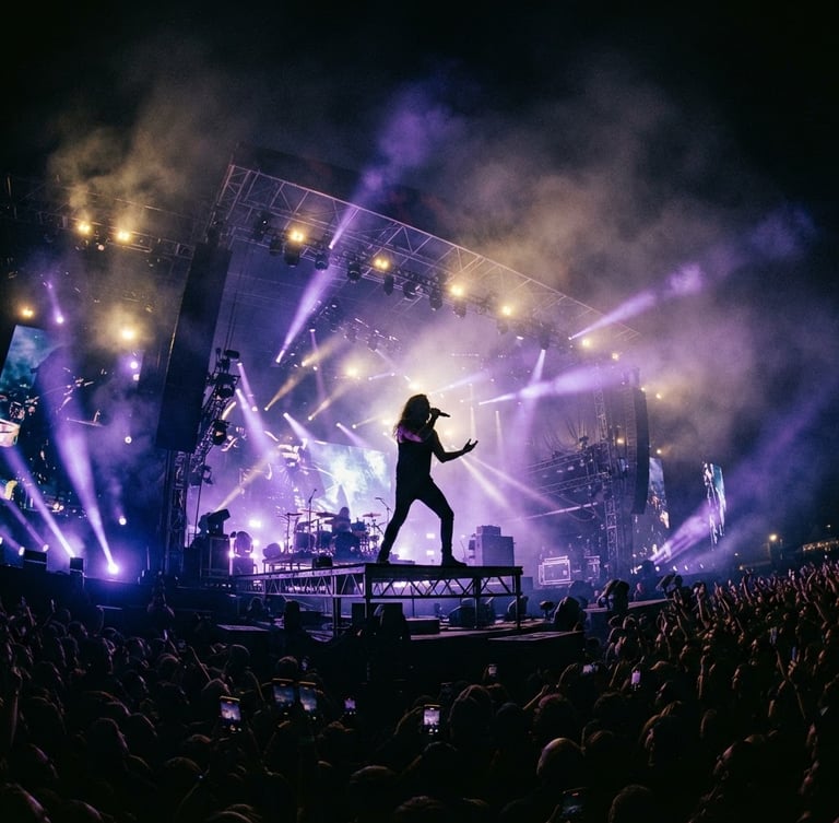 Low-angle shot looking up at a massive festival stage, intense purple spotlights cutting through heavy haze, a silhouetted performer holding a microphone, 35mm film grain.