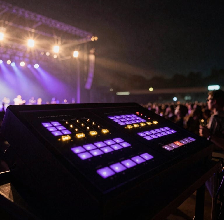 Low-angle dynamic shot of a concert soundboard at night, glowing purple and gold indicators, blurred stage lights and hazy atmosphere in the background, 35mm film grain