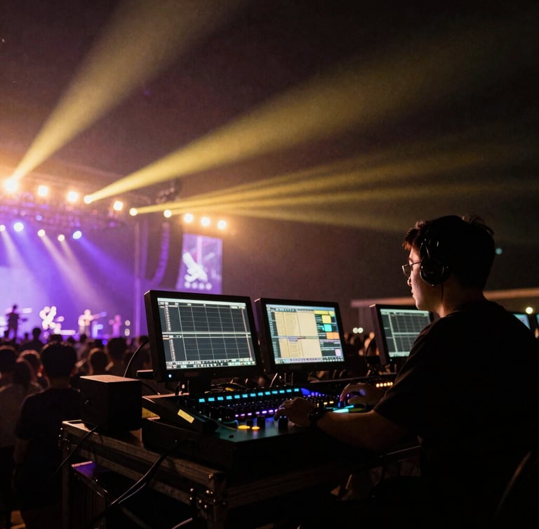 Low-angle dynamic shot of a concert soundboard operator at night, glowing purple and gold monitor screens, stage lights cutting through haze in the background, 35mm film grain
