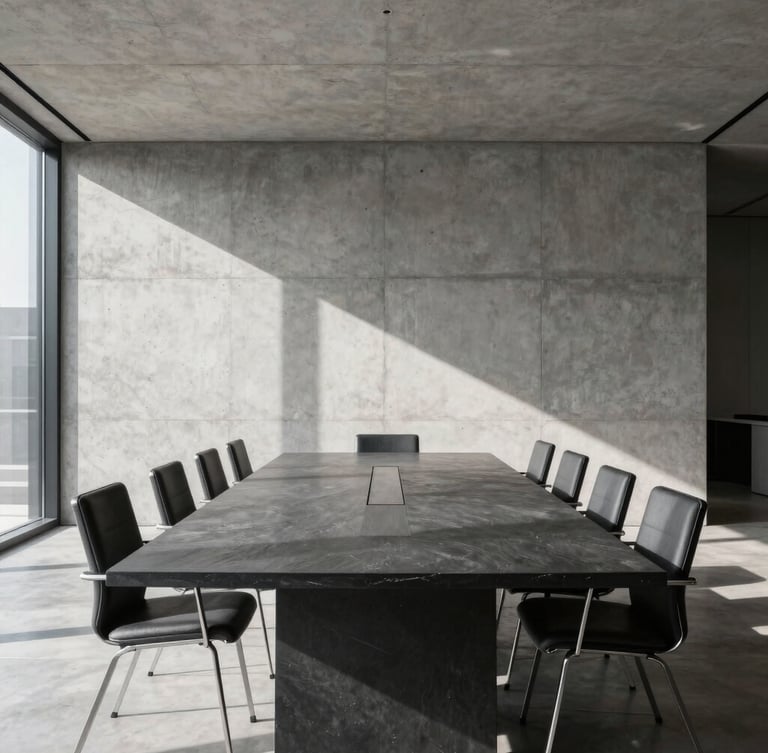 High-contrast architectural wide angle of a minimalist concrete office boardroom, sharp directional morning light casting geometric shadows across a long slate table, empty chairs, premium corporate atmosphere.