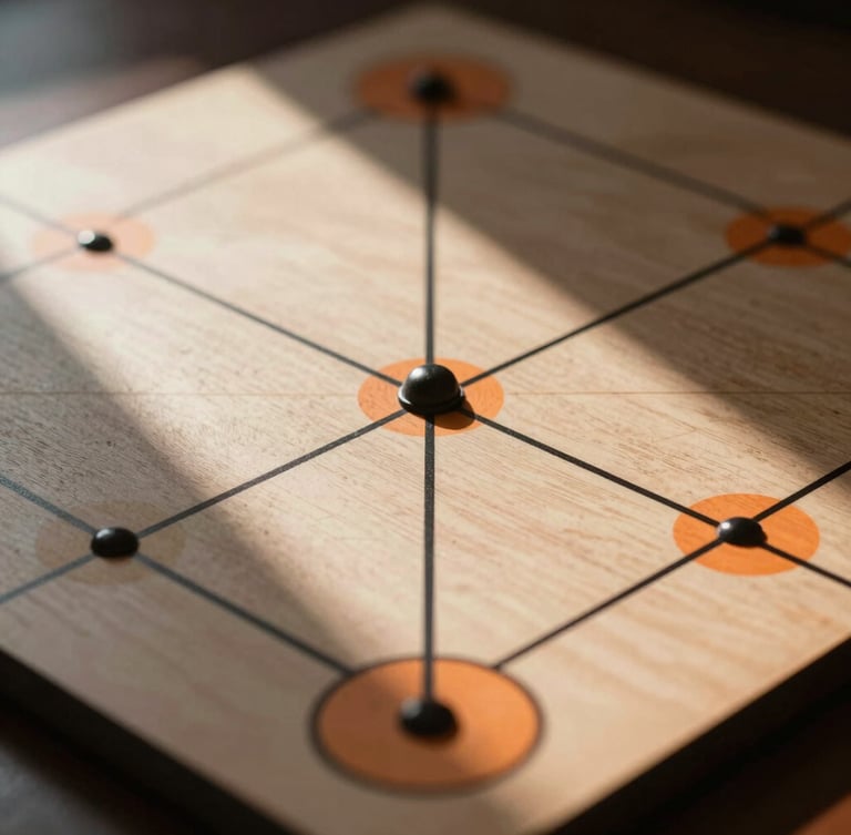 Extreme close-up of a high-end physical strategy board with sharp black lines and minimalist orange markings under directional window light.