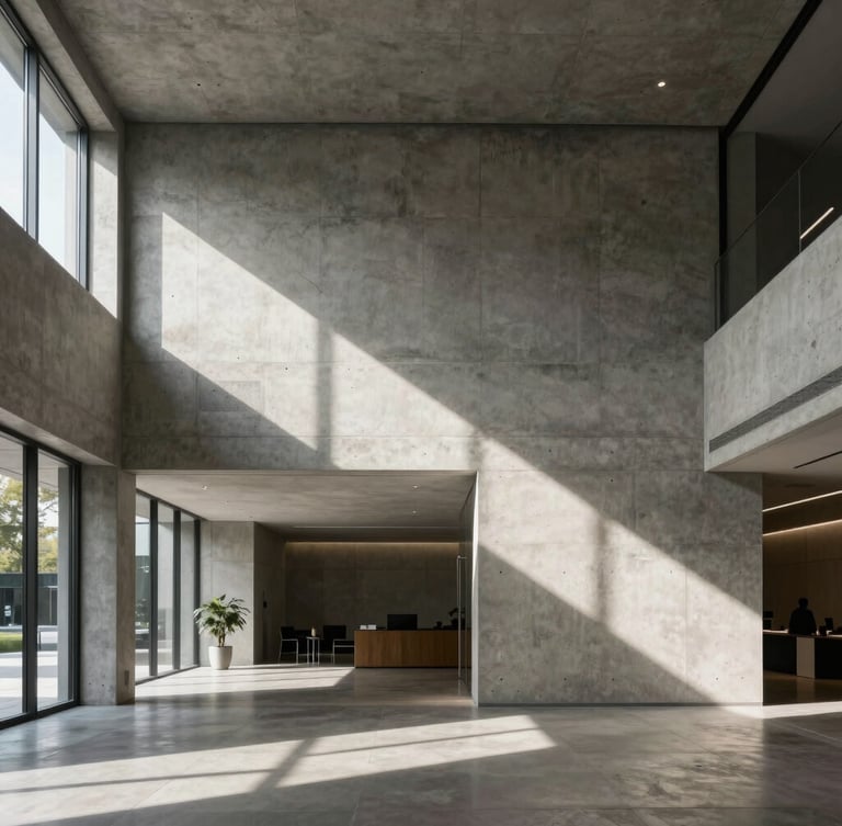 Architectural wide angle of a modern minimalist concrete office lobby with sharp geometric shadows and directional natural light