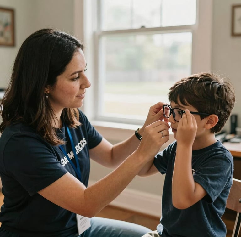A warm editorial photograph of a San Marcos volunteer in a bright, sunlit room helping a young child try on a new pair of eyeglasses. Natural daylight streams through a window, rich authentic colors, shallow depth of field, 35mm.