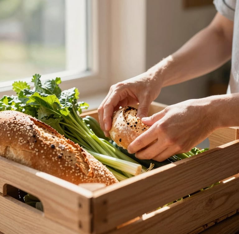 Hands carefully packing organic vegetables and fresh bread into a wooden crate, warm natural sunlight from a window, shallow depth of field
