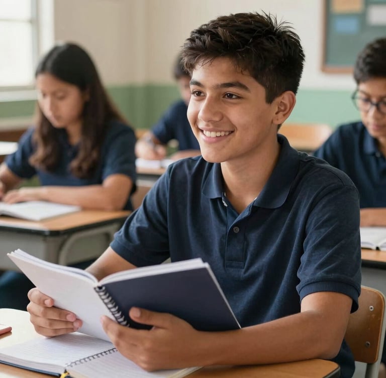 A warm editorial photograph of a young Hispanic high school student smiling in a sunlit classroom, holding a notebook, natural daylight, 35mm