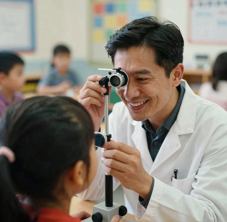 A close-up of a warm, smiling optometrist conducting a non-invasive eye screening for a young child in a brightly lit San Marcos school classroom, 35mm.