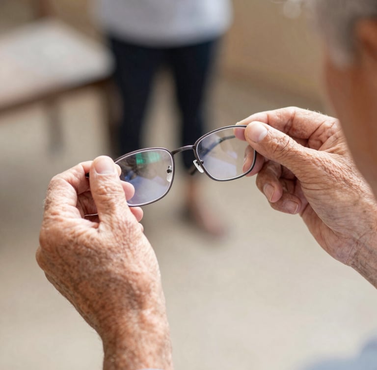 Close-up of a volunteer's hands gently adjusting a pair of eyeglasses for an elderly resident, warm natural daylight, shallow depth of field, 35mm.