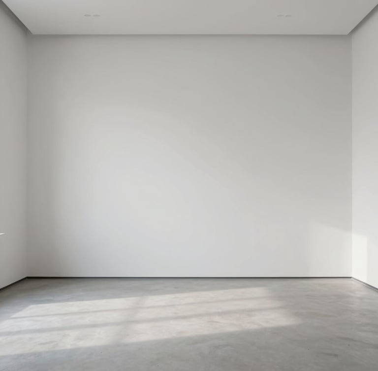 An empty white-walled exhibition space with soft diffused daylight casting gentle shadows, minimal museum archive aesthetic, neutral tones, sharp focus, 50mm