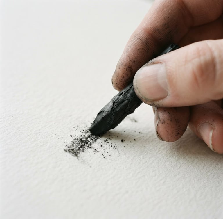 Extreme macro detail of a hand holding charcoal over heavy cotton paper, soft natural daylight, minimalist gallery photography, neutral white and grey tones, sharp focus, 50mm