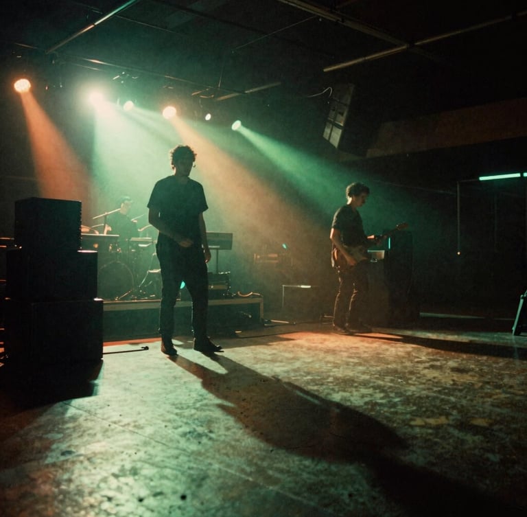 Low-angle shot of an empty music venue during soundcheck, dramatic backlighting casting long shadows, acid green and orange neon flares, gritty 35mm film.