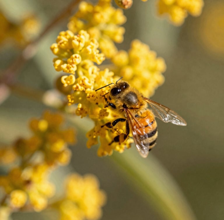 Macro close-up of a single healthy honeybee dusting pollen from a golden eucalyptus blossom, shallow depth of field, warm natural sunlight, documentary photography.