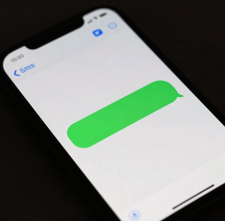 Macro close-up of a smartphone screen displaying an instant automated SMS chat with a customer, glowing emerald green notification light, dark charcoal background, 35mm lens, dark editorial photography