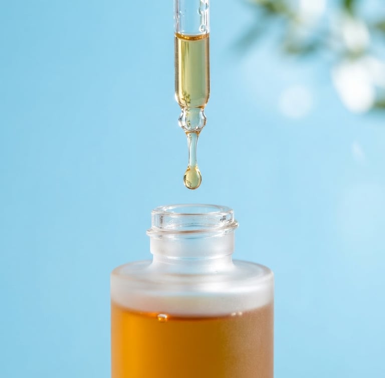 Extreme macro shot of pure botanical oil dripping from a glass dropper into a frosted glass vessel, high-key morning light, crisp sky blue background, clean geometric alignment