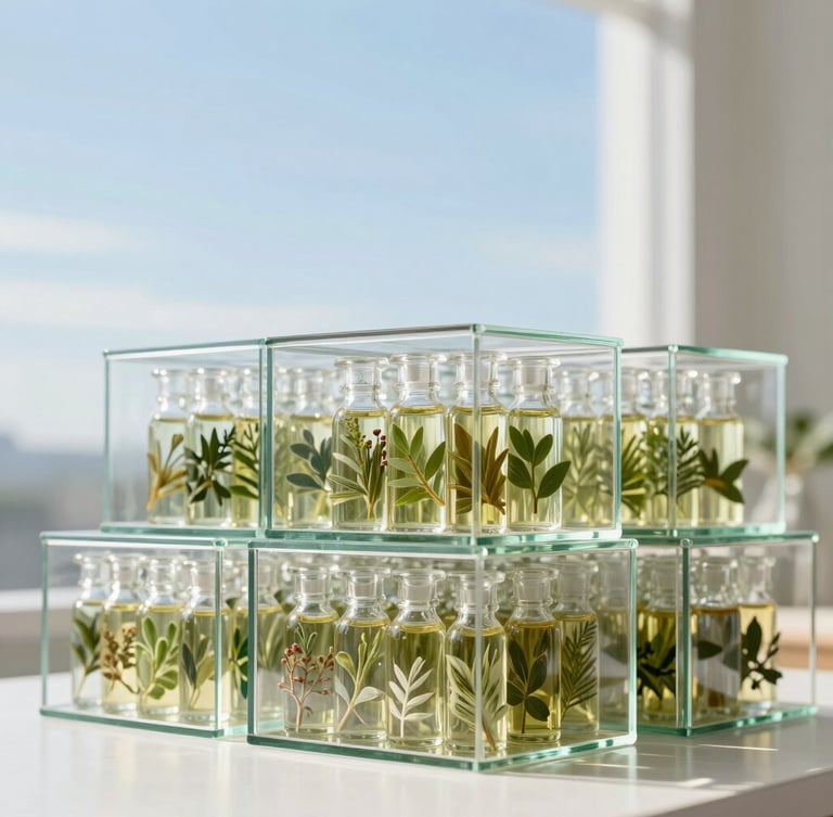 Structured wholesale crates filled with pristine glass bottles of botanical oils, stacked neatly in a bright modern space with morning light
