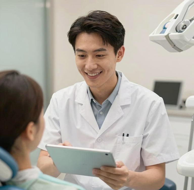 Portrait of a friendly dentist in a modern, clean dental office, gently explaining something to a patient (back of head visible) with a tablet, soft natural light, warm and reassuring interaction, shallow depth of field.