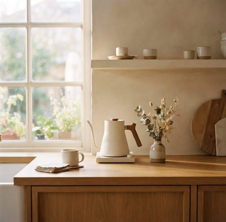 Straight-on architectural shot of a sunlit kitchen counter with a styled cream kettle and small ceramic vase, soft natural window light, warm minimalist composition, 35mm lens