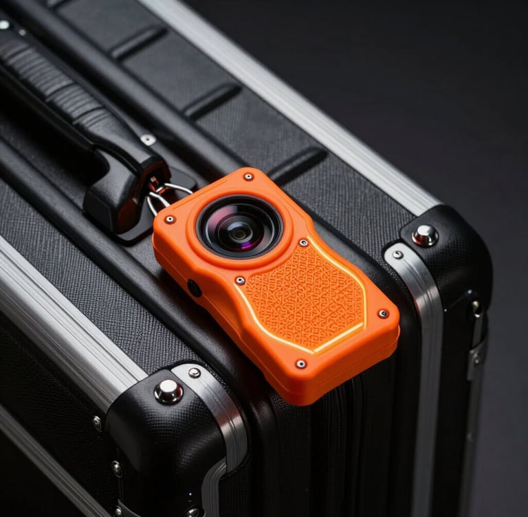 Macro shot of a heavy-duty black aluminum suitcase with a glowing aviation-orange telemetry tracking tag, sharp studio lighting, dark background.