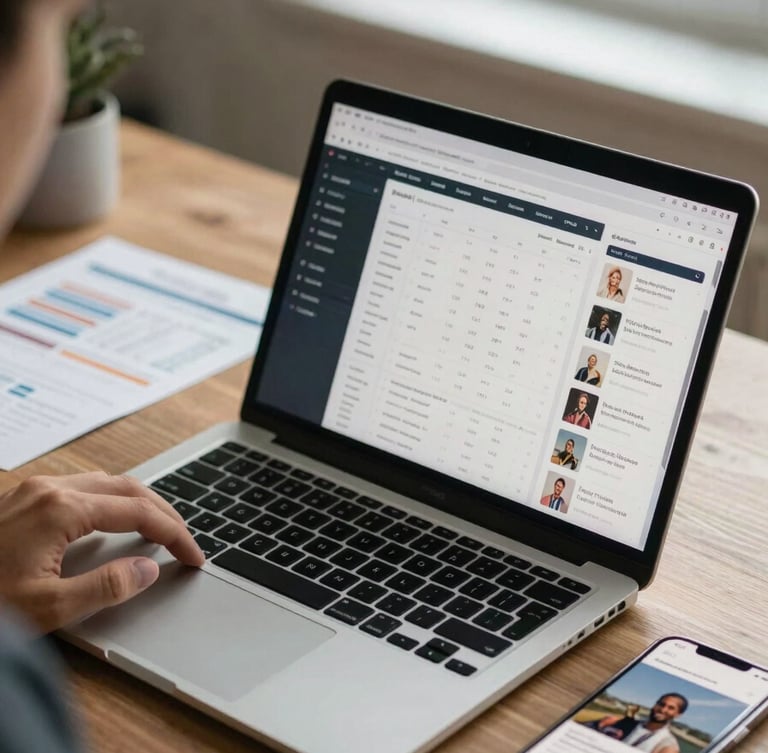 Close-up of a content strategist's desk with a laptop showing a social media scheduling dashboard, printed content calendar beside it, a phone displaying a published post, warm daylight from a nearby window, active working environment