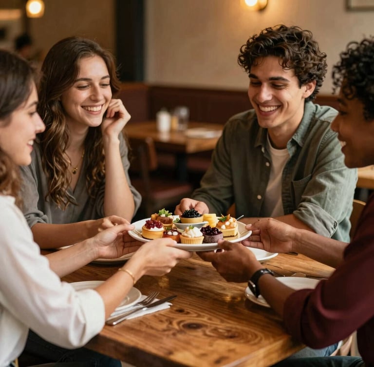 Medium shot, warm editorial photography. A group of four friends laughing around a rustic wooden table, soft ambient restaurant lighting, hands sharing a plate of artisanal appetizers, shallow depth of field, rich saturated tones.