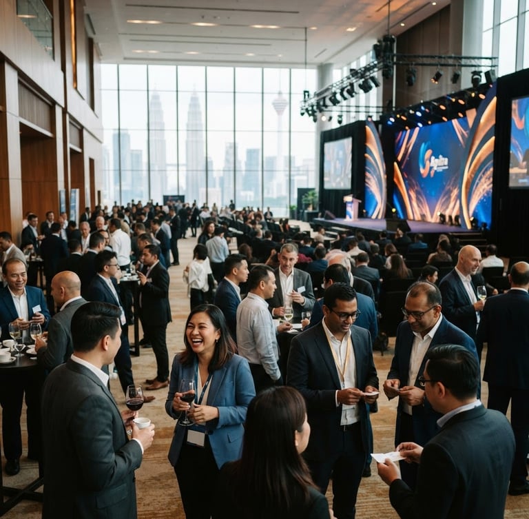 Wide panoramic shot of a modern corporate conference hall in Kuala Lumpur, stage illuminated with Bayu Ignitra branding, diverse professionals networking in foreground, warm natural light, editorial 35mm.