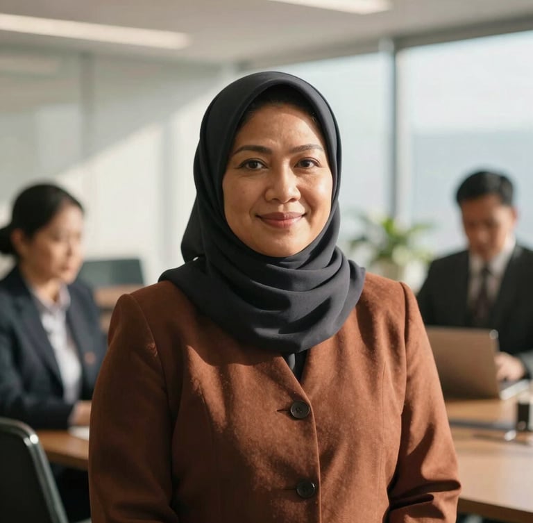 Dignified portrait of a diverse Malaysian female leader, smiling softly, in a modern, sunlit office environment, shallow depth of field, warm corporate photography.