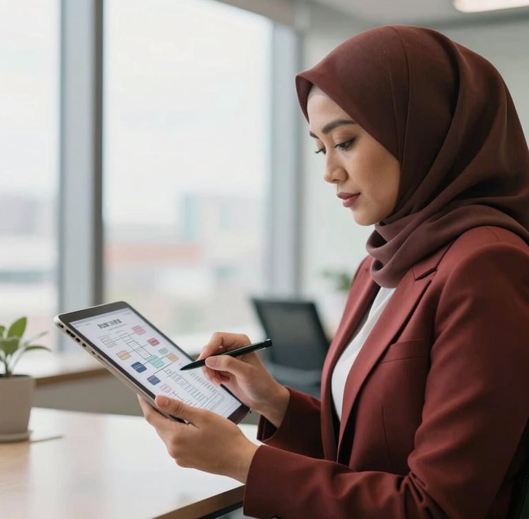 Professional Malaysian woman in a modern office environment, reviewing a digital document on a tablet, with a subtle overlay of a process flowchart, soft natural window light, editorial 35mm.