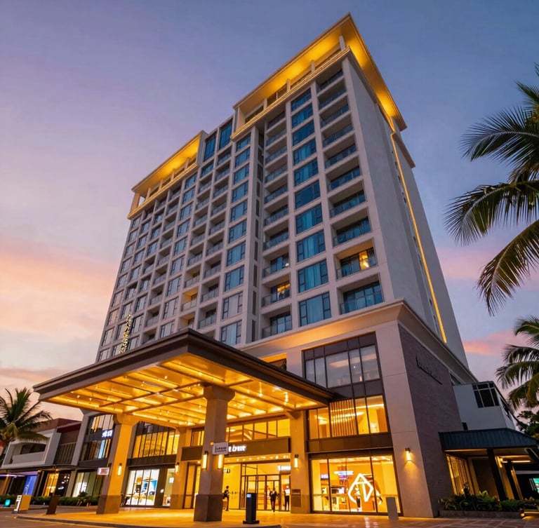Modern hotel tower exterior at sunset, integrated with a vibrant shopping mall entrance, warm tropical twilight sky, architectural photography