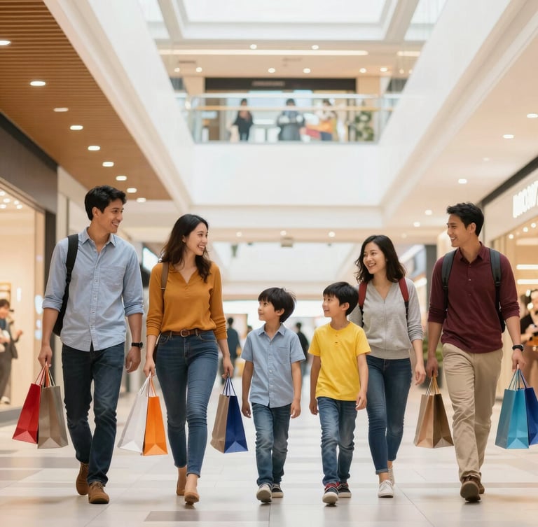 Lively family walking inside a bright, modern shopping mall corridor, carrying shopping bags, smiling and talking, warm natural lighting, editorial style, portrait aspect.