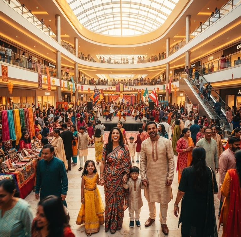 A vibrant, wide-angle shot of a bustling modern mall atrium during a colorful cultural festival, families smiling, warm golden lighting, editorial lifestyle photography style.