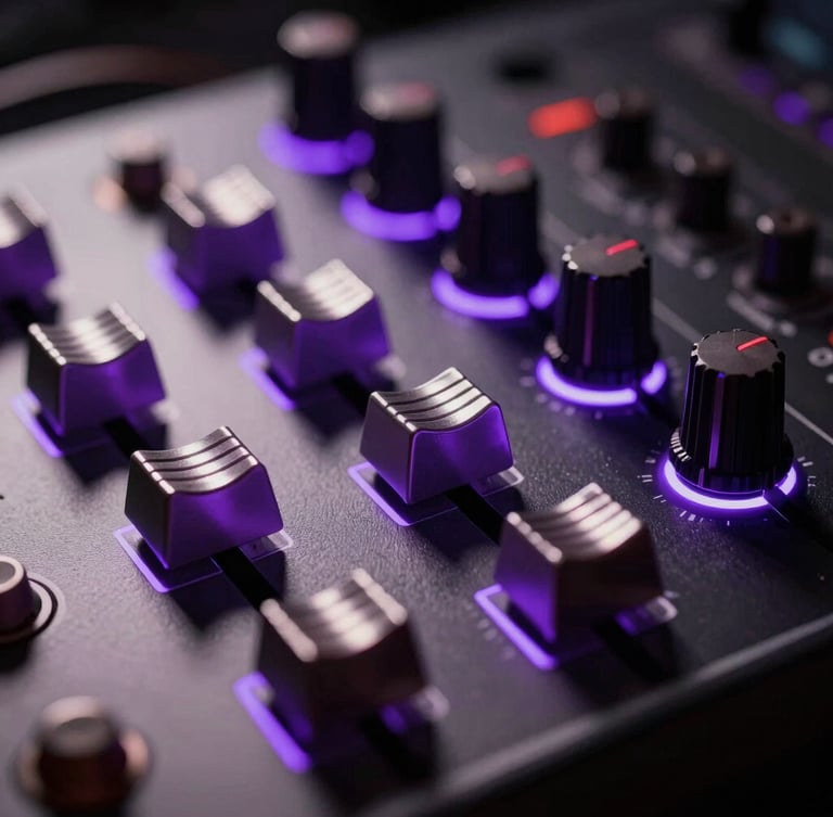 Extreme close-up of a glowing audio interface in a dark studio, electric purple neon rim lighting reflecting on metallic faders, high-contrast chiaroscuro, shallow depth of field.
