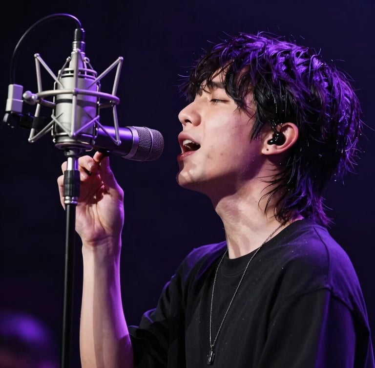 Side view of an independent artist singing passionately into a professional studio microphone, dramatic electric purple rim lighting, dark background, raw concert stage aesthetic.
