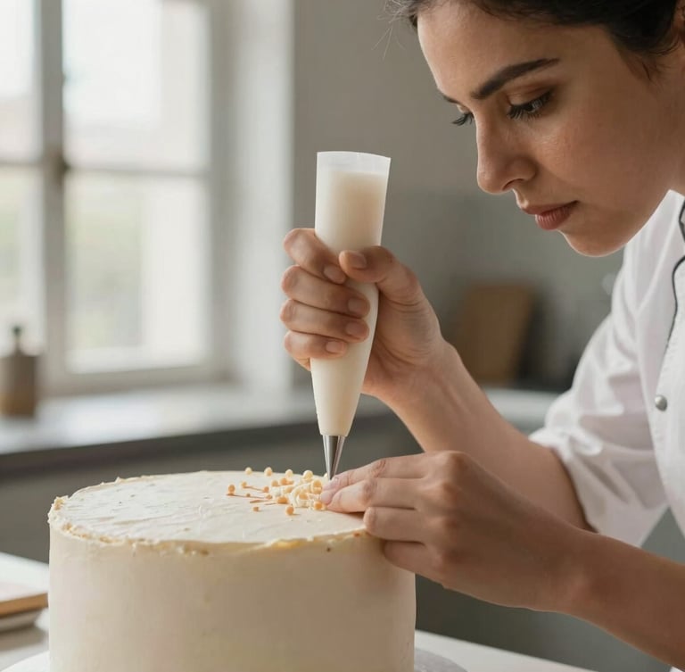 Close-up portrait shot of chef Valentina Forero's hands meticulously piping a delicate detail on a minimalist cake, soft natural light, clean modern kitchen background, elegant editorial photography, shallow depth of field