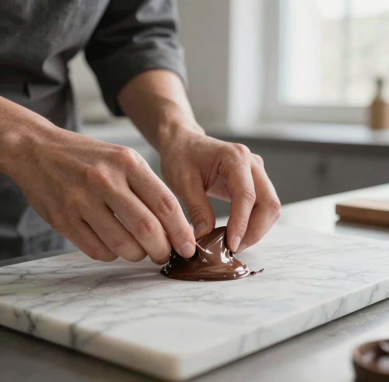 Valentina Forero, a chef, meticulously tempering chocolate on a marble slab, focus on her hands and the glossy chocolate, soft directional natural light, clean modern kitchen background.
