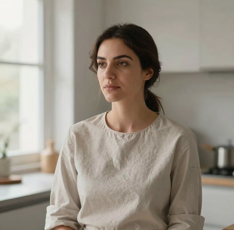 Sober portrait of Valentina Forero, chef, in a clean, modern kitchen, soft natural light, minimalist composition, shallow depth of field, she is looking slightly off-camera with a thoughtful expression.